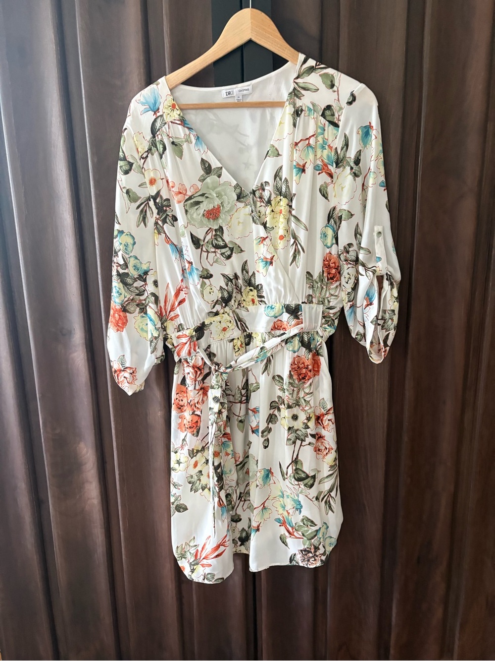 DR2 White Floral Wrap Midi Dress with Coral & Teal Accents